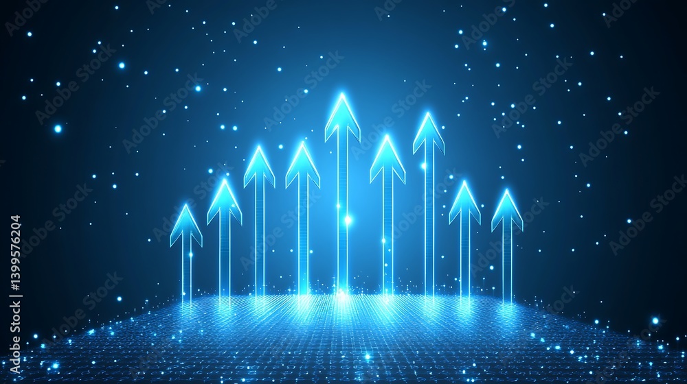 Poster digital growth. abstract upward arrows on a glowing digital platform, signifying progress and succes