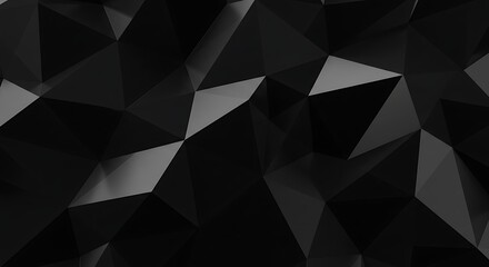 "3D-rendered abstract black crystal surface with faceted polygonal texture, a macro panoramic wallpaper for sleek modern visuals"