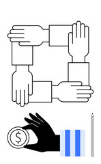 Four interconnected hands representing teamwork and unity, hand holding a coin for finance, vertical bars symbolizing growth, and a pencil for creativity. Ideal for collaboration, teamwork, growth