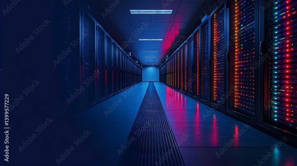 Poster data center corridor: an impressive, futuristic view of a data center, highlighting the symmetrical 