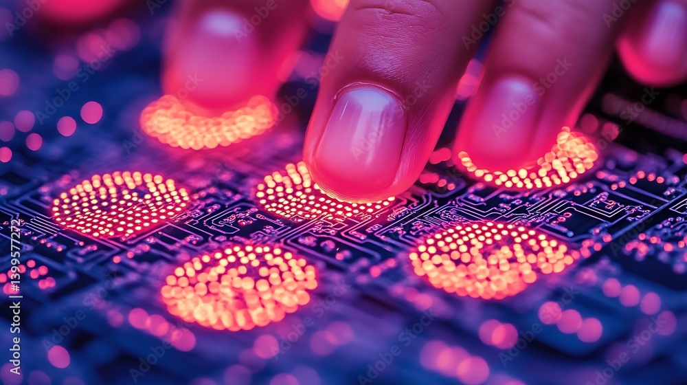 Aufkleber cybernetic touch: a human finger interacts with a glowing circuit board, creating a visual metaphor 