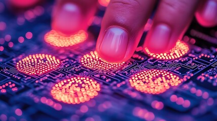 Cybernetic Touch: A human finger interacts with a glowing circuit board, creating a visual metaphor for technological advancement and digital connection.