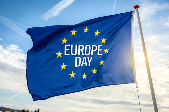 The flag of the European Union with the inscription Europe Day flies on a flagpole against a blue sky. Symbol of unity and celebration of Europe Day. AI, Illustration, Generation.