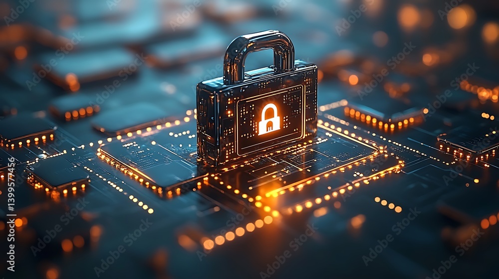 Poster digital security: a futuristic, stylized padlock sits atop an intricate circuit board, illustrating 