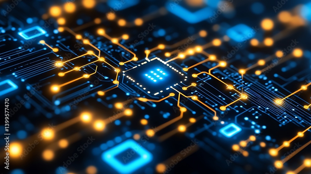Poster cyber circuit: a close-up shot of a complex cyber circuit board, with intricate pathways and glowing