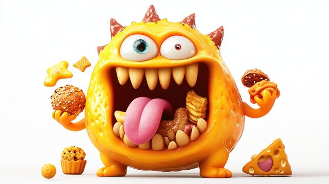 Hungry cartoon monster eating junk food.
