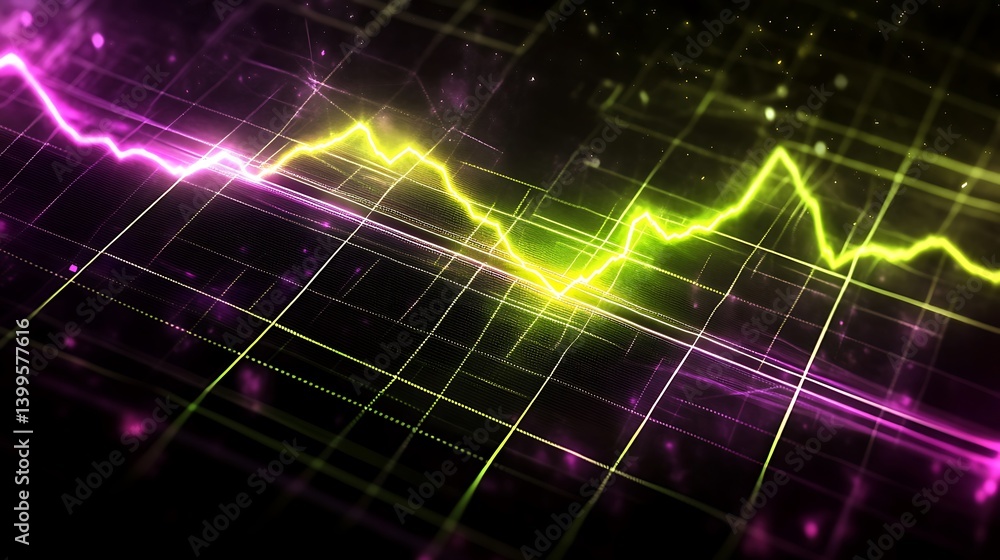 Poster abstract financial chart with vibrant neon colors. dynamic, fluctuating data points displayed on a g