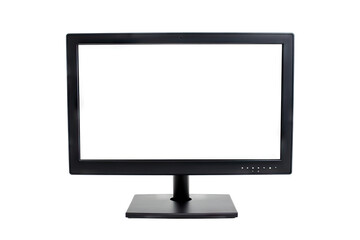 Fototapeta premium a blank computer monitor stands on a sleek black base showcasing a minimalist design the screen is empty indicating it is either turned off or awaiting input ideal for various computing tasks