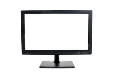 a blank computer monitor stands on a sleek black base showcasing a minimalist design the screen is empty indicating it is either turned off or awaiting input ideal for various computing tasks