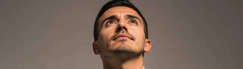 Obraz premium A Moment of Contemplation: A close-up shot of a thoughtful person gaze upwards with an air of hope and reflection