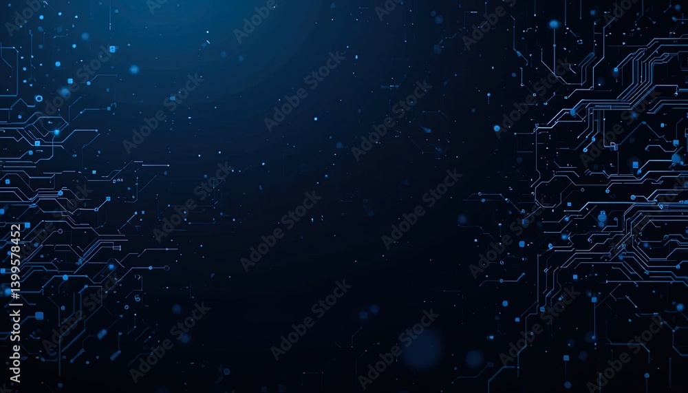 Poster abstract circuit board design with glowing blue lines and dots.