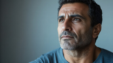 Thoughtful Reflection: A close-up portrait captures the introspective gaze of a man in deep contemplation, his features etched with a mix of concern and curiosity, set against a serene background.
