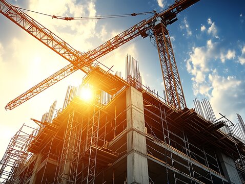 Skyward Silhouette: The awe-inspiring structure under construction, poised against a radiant, cloud-strewn expanse, its silhouette boldly framed by the golden sun.
