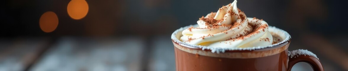 Fototapeta premium Whipped cream-topped hot chocolate in a glass mug, season, garnish, snowy