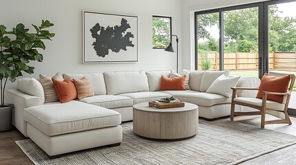 Cozy Modern Living Room: A spacious and stylish living room featuring a sectional sofa, a coffee table, and an armchair, with an abstract painting and a lush indoor plant.
