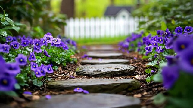 A tranquil garden path lined with vibrant purple flowers.
