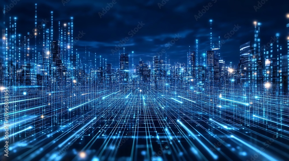 Aufkleber futuristic city powered by digital network. modern metropolis with glowing data streams, interconnec