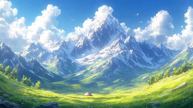 Majestic Mountain Valley Camping Scene.