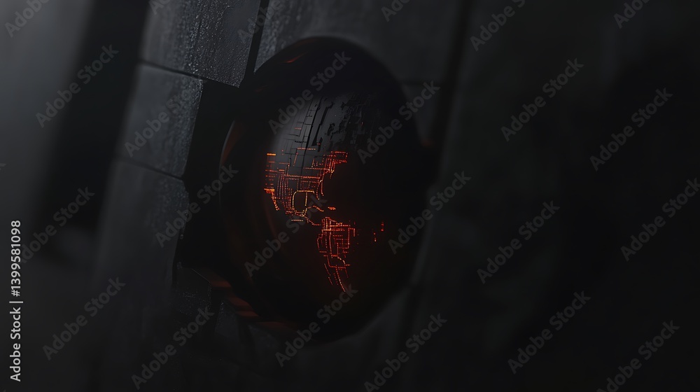 Poster glowing world map within dark metallic structure