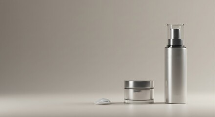 Modern cosmetic bottles on a neutral background.