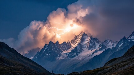 Fototapeta premium Lightning strikes behind snowy mountains, dramatic clouds fill the sky