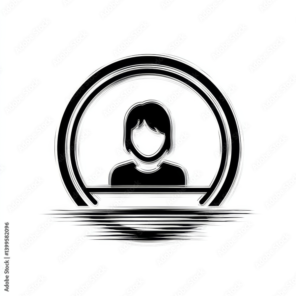 Poster abstract female icon in black and white with circular frame and horizontal element beneath the perso