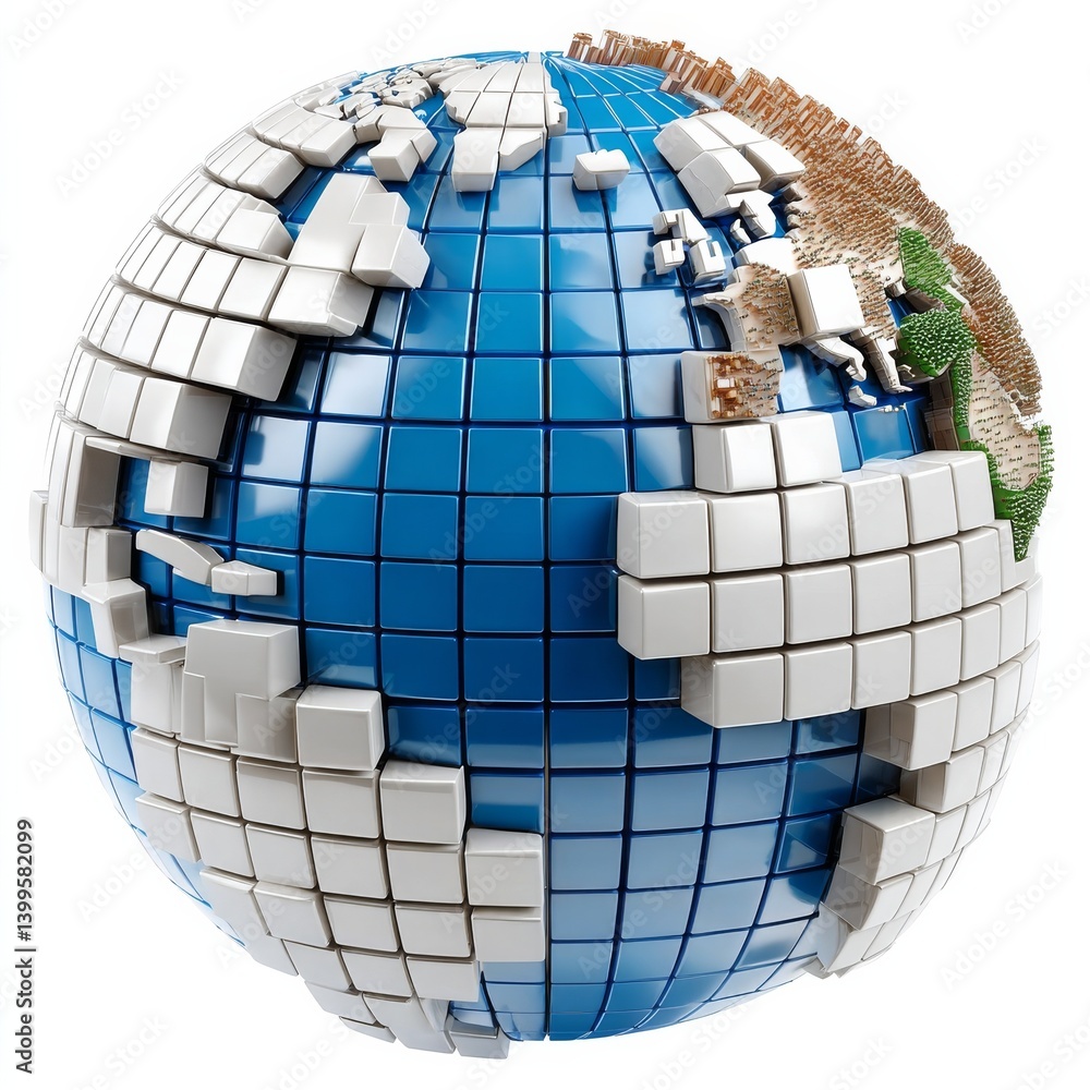 Aufkleber Abstract Cubic Globe: Conceptual World Map Visualization with Geometric Shapes and Ocean Depths