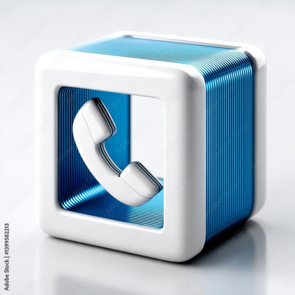 Poster abstract phone icon in cube - white and blue design with call symbol for business communication and 