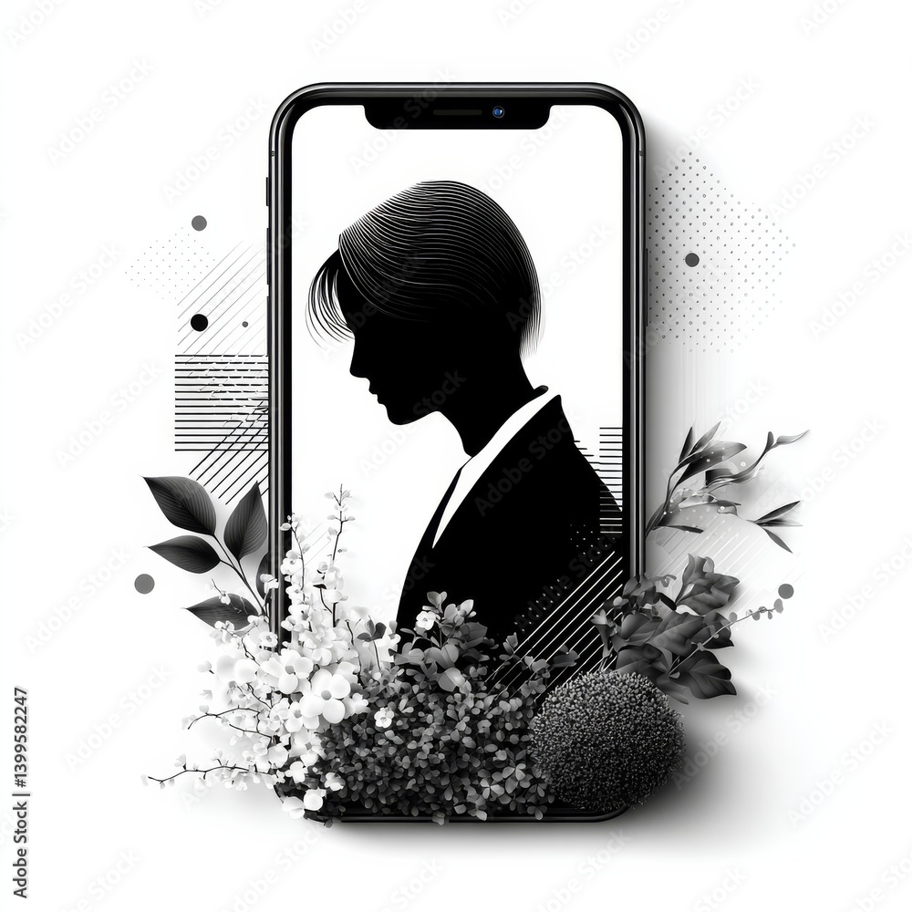 Aufkleber abstract silhouette inside mobile screen displayed with black and white botanical decorations.