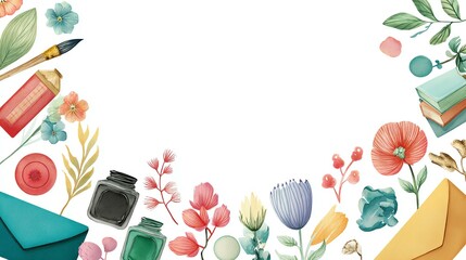 Stationery watercolor style white background A vibrant arrangement of artistic supplies and flowers, perfect for creating personalized stationery.