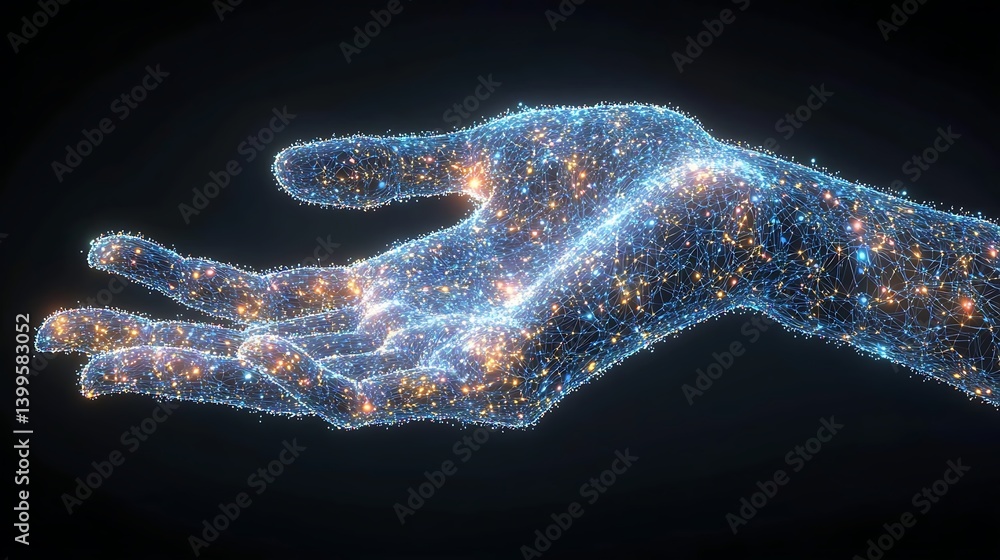 Aufkleber celestial touch: an ethereal representation of a hand composed of shimmering particles against a dar