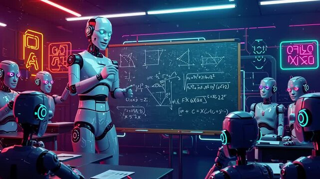 Futuristic classroom with robots learning geometry, neon lights illuminating the high-tech environment