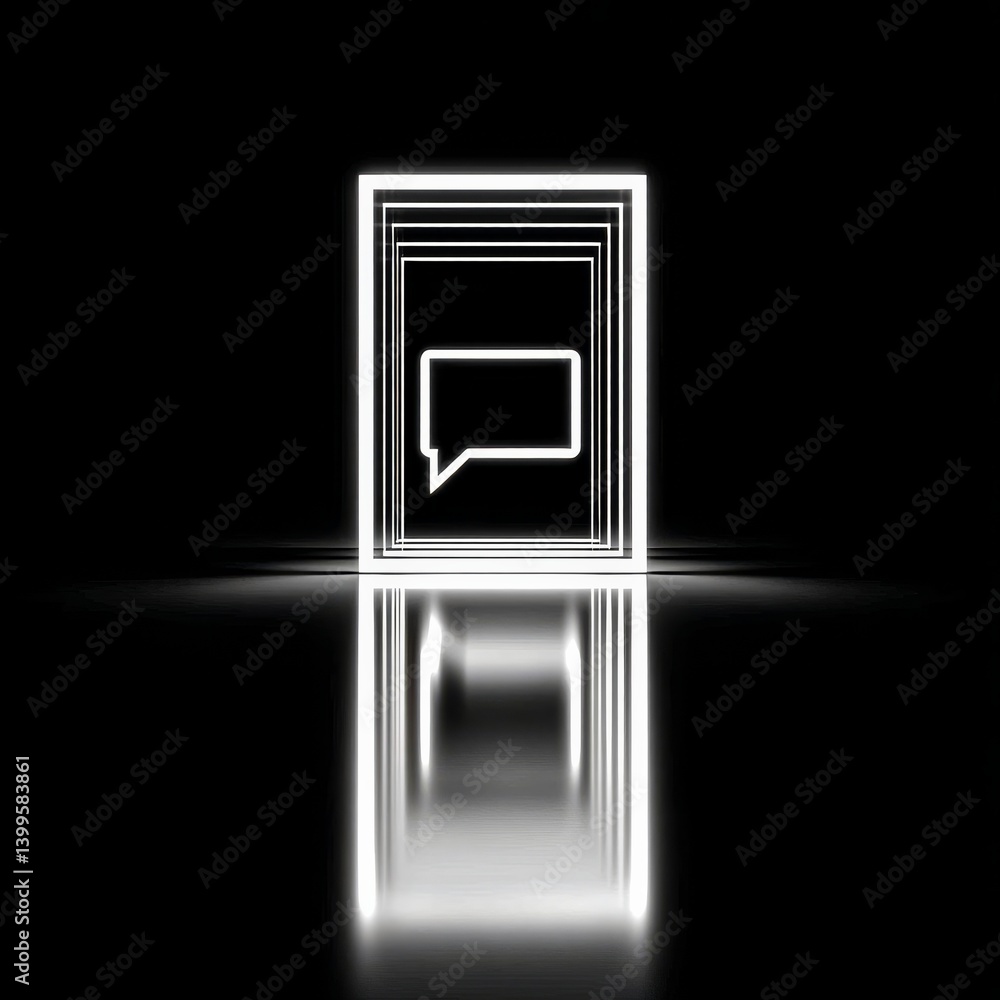 Poster neon chat bubble in reflective tunnel: a modern, futuristic concept with bold lines and minimalist d