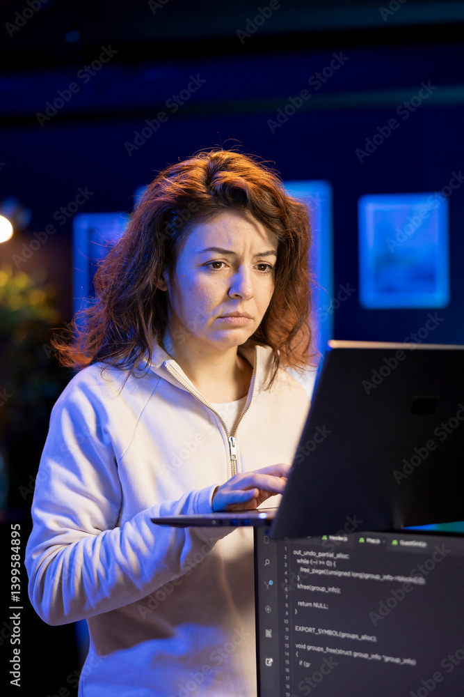 Poster programmer walking in apartment designing and developing software applications using laptop. it expe