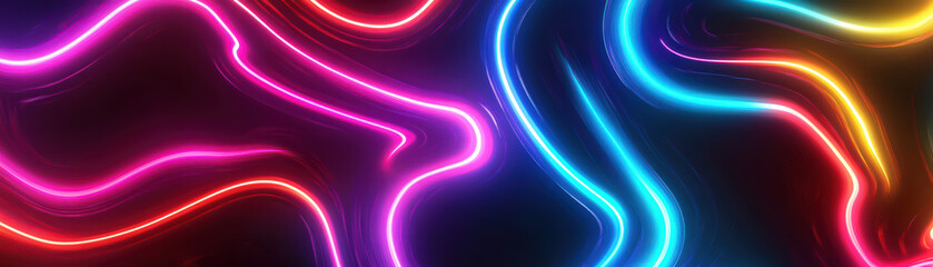 Naklejka premium Vibrant Neon Lines: Dynamic flowing neon lines illuminate a dark backdrop, creating an eye-catching visual. The bold neon colors blend seamlessly, providing a sense of motion and energy.