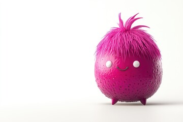 A cute, pink, spherical creature with spiky hair and a happy face.