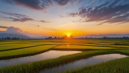 Sunset Over Rice Fields in Asia