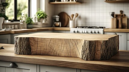 Cutting Board in Kitchen: A close-up of an artisanal cutting board rests on a countertop, with a view of a kitchen, highlighting the textures of the wood.