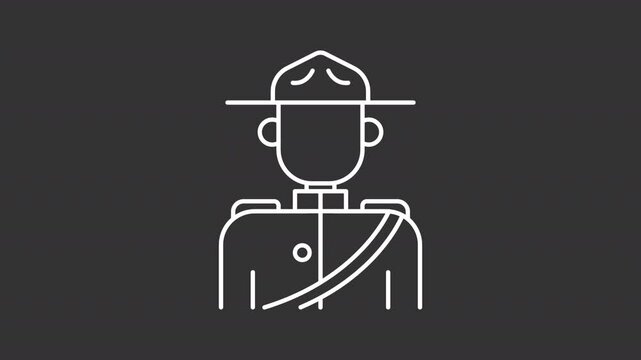 Royal Canadian mounted police white line animation. Rider in traditional uniform animated icon. Officer on duty. Isolated illustration on dark background. Transition alpha video. Motion graphic