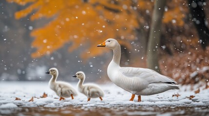 Snowfall Serenity: A Goose Family's Winter Walk