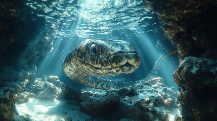 Obraz premium Enigmatic Underwater Serpent: A Mystical Encounter in a Sunlit Cave