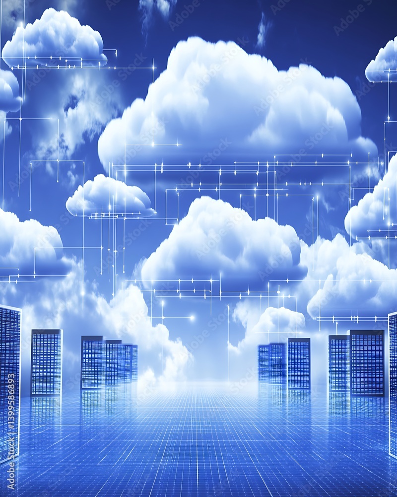 Aufkleber cloud computing cityscape. vast network of interconnected clouds over a futuristic cityscape, repres