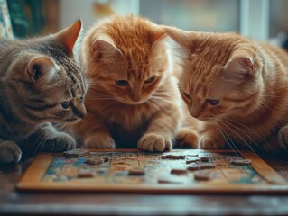 Fototapeta na wymiar Three cute kittens focused on solving a puzzle on the wooden floor, creating a heartwarming and playful scene of animal intelligence.