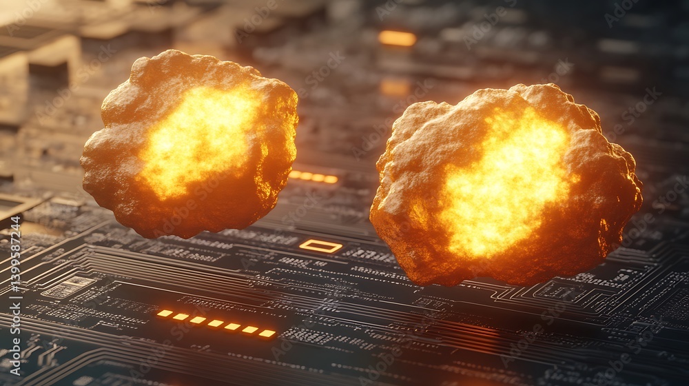 Aufkleber burning data clusters on circuit board. fiery digital objects levitate above a complex electronic ne