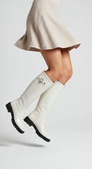 Woman Jumping Wearing Tall White Boots with Skirt on White Background