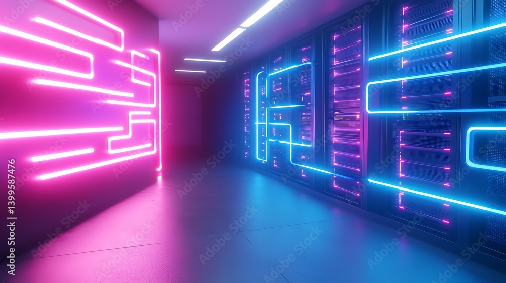 Aufkleber futuristic server room with vibrant neon lighting. rows of server racks illuminated by vibrant pink 