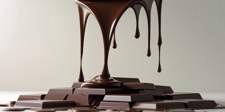 Decadent Chocolate Cascade Flowing Over Rich Dark Chocolate Squares in a Mouthwatering Display of Sweetness.