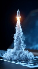 Rocket launching from a keyboard, digital smoke trail rising behind it
