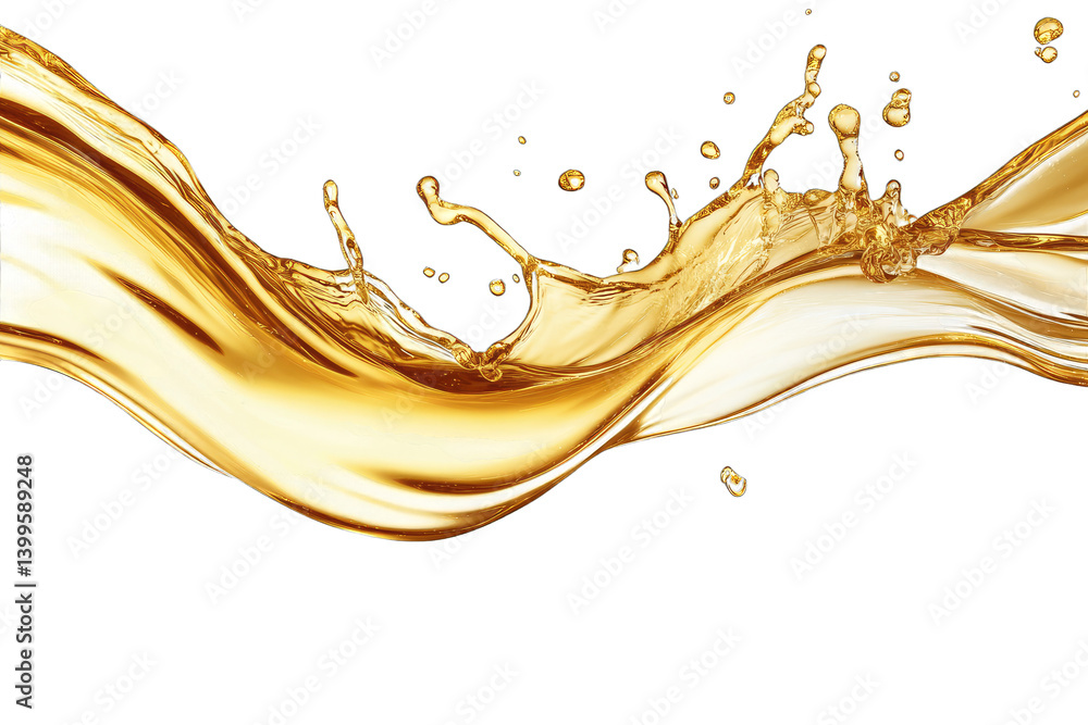 Poster a dynamic splash of golden liquid capturing the fluid motion and texture set against a clean white b