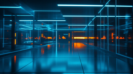 Futuristic cityscape with glowing nodes, a digital network connecting the urban future